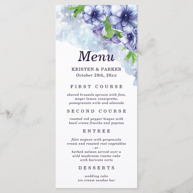 Lila Hochzeit von Floral Anemone Menükarte (Vorderseite)