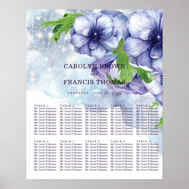 Lila Hochzeit von Floral Anemone | Sitzkarten Poster (Vorne)
