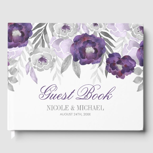 Lila Hochzeit von grauen Blume Gästebuch (Vorderseite)