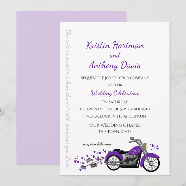 Lila Hochzeit von Motorrädern und Herz Einladung (Vorne/Hinten)