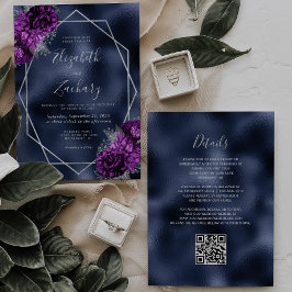 Lila Hochzeit von Silver Floral Navy Foil QR Code Einladung
