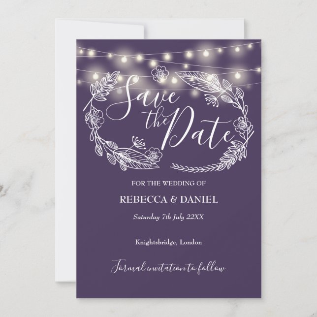 Lila Hochzeit von String Lights Save The Date (Vorderseite)