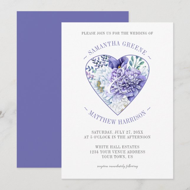 Lila Hochzeit von White Peonies Heart Typografy Einladung (Vorne/Hinten)