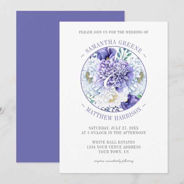 Lila Hochzeit von White Peonies Poppies Typografy Einladung (Vorne/Hinten)