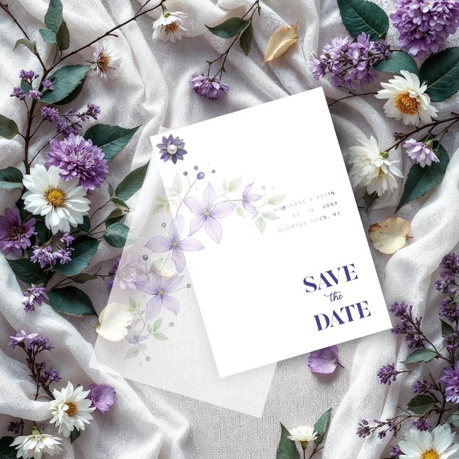Lila Hochzeit von zarter Blüte und botanischer Zwe (Delicate Floral & Botanical Branch Light Purple Wedding Overlay Vellum Cards. Wedding.)