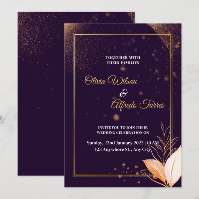 lila Hochzeitseinladung mit Goldfarben Einladung (Vorne/Hinten)