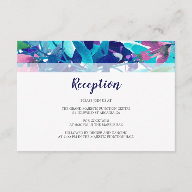 Lila Hochzeitsempfehlung für florale Foliage Navy Begleitkarte (Vorderseite)