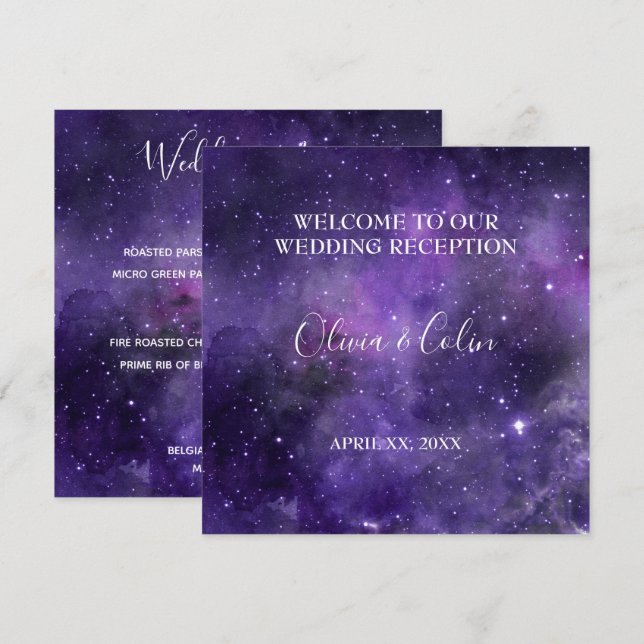 Lila Hochzeitsempfehlung mit Star Light Menükarte (Vorne/Hinten)