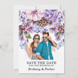 Lila HochzeitsFoto mit floralen Wasserfarben Save The Date