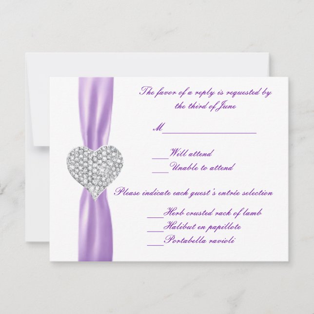 Lila Hochzeitskarte für das Diamantherz RSVP Karte (Vorderseite)