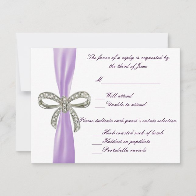 Lila Hochzeitskarte für Diamant Bow RSVP Karte (Vorderseite)