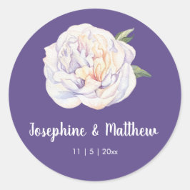 Lila Hochzeitskleber aus weißem Peony Floral Viole Runder Aufkleber