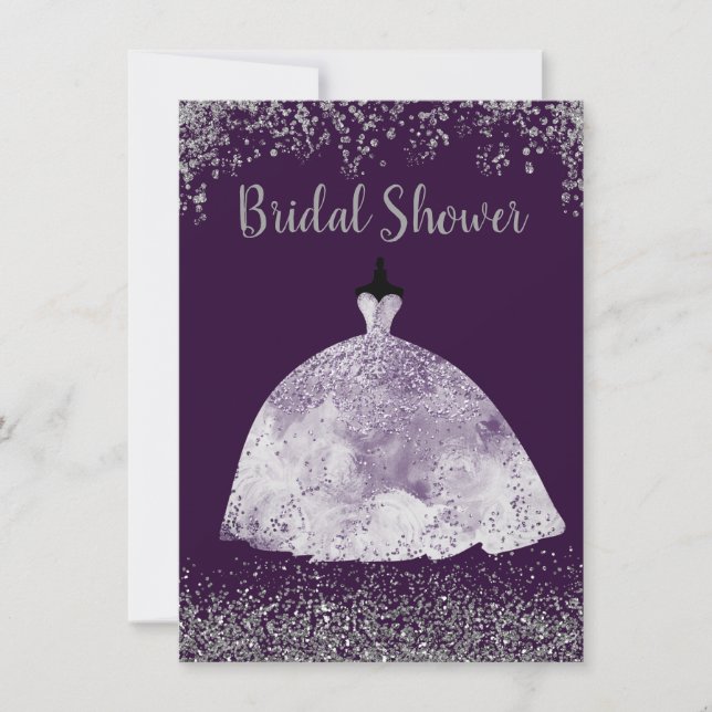 Lila Hochzeitskleid Silver Glitzer Brautparty Einladung (Vorderseite)