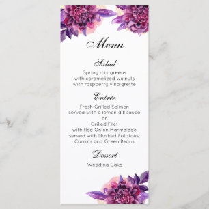 Lila Hochzeitsmenü. Blumenmenü Party Menükarte