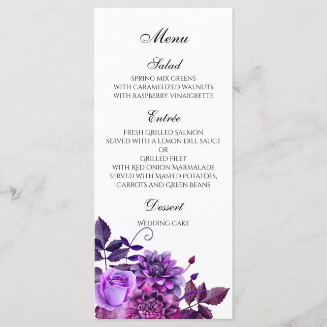 Lila Hochzeitsmenü Floral Dinner Menü Tische Dekor Menükarte (Vorderseite)