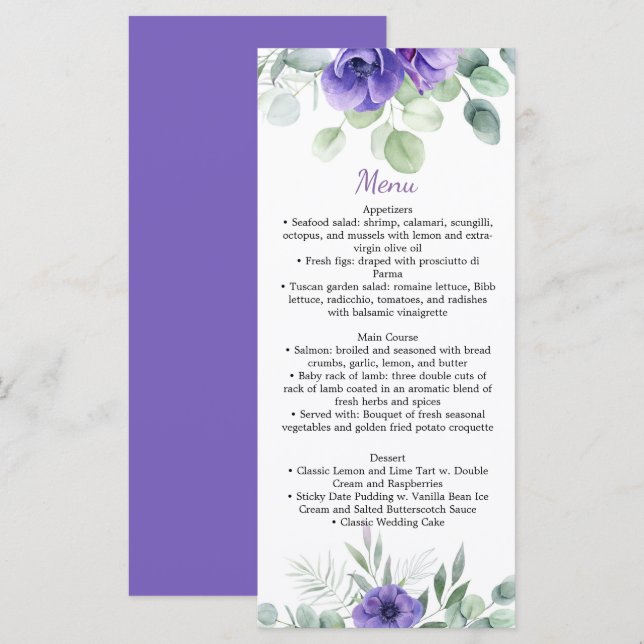 Lila Hochzeitsmenü für Anemonen und Grünpflanzen Menükarte (Vorne/Hinten)