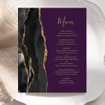 Lila Hochzeitsmenü für Black Gold Agate<br><div class="desc">Die links Seite dieses eleganten,  modernen Hochzeitsmenüs besticht durch einen schwarzen Aquarellrahmen,  der mit vergoldetem Imitat-Glitzer besticht. Der anpassbare Text kombiniert goldfarbene Handschriftenschrift und Copperplate-Schriftart auf einem lila Hintergrund. Auf der Rückseite ist ein passendes schwarz-goldfarbenes Agerat-Design zu sehen.</div>