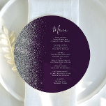 Lila Hochzeitsmenü für den Silber-Glitzer Menükarte<br><div class="desc">Die links Kulisse dieses eleganten,  modernen Hochzeitsmenüs besticht durch einen silbernen Glitzer-Rahmen mit Imitaten. Der anpassbare Text kombiniert silbergraue,  weißliche Handschrift-Skripte und Copperplate-Schriftart auf einem dunklen lila Hintergrund. Die Rückseite ist mit einem lila und silbernen Glitzer-Design ausgestattet.</div>