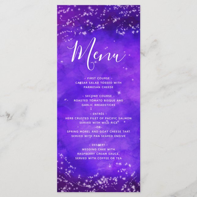 Lila Hochzeitsmenü für die Sternennachtsgalaxie Menükarte (Vorderseite)