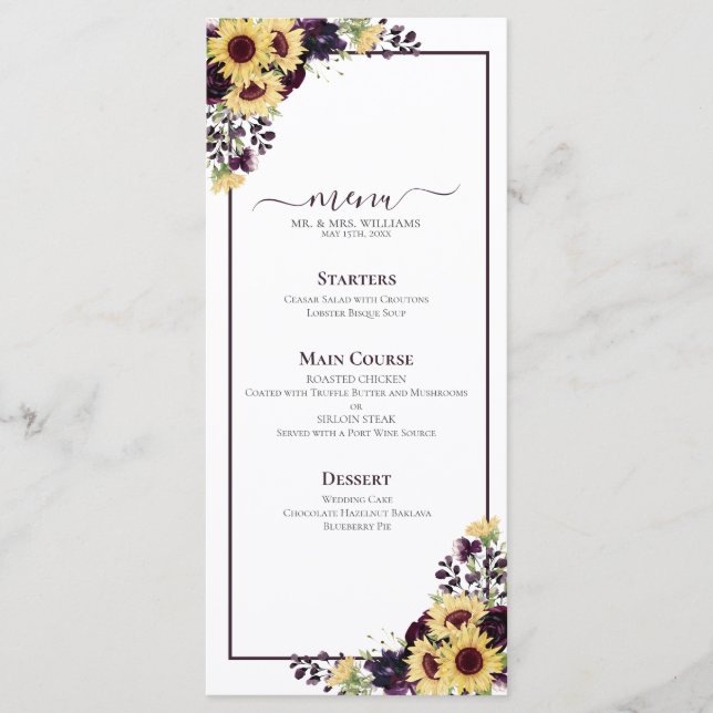 Lila Hochzeitsmenü für Sonnenblumen Menükarte (Vorderseite)