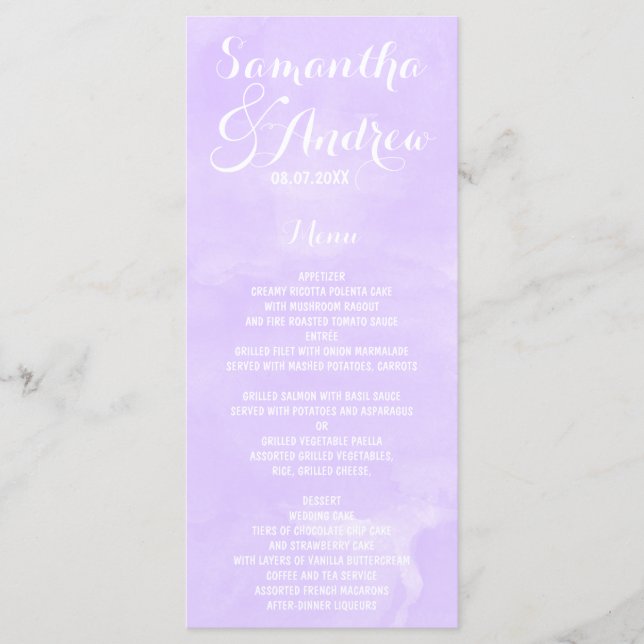 Lila Hochzeitsmenü mit Lava Menükarte (Vorderseite)