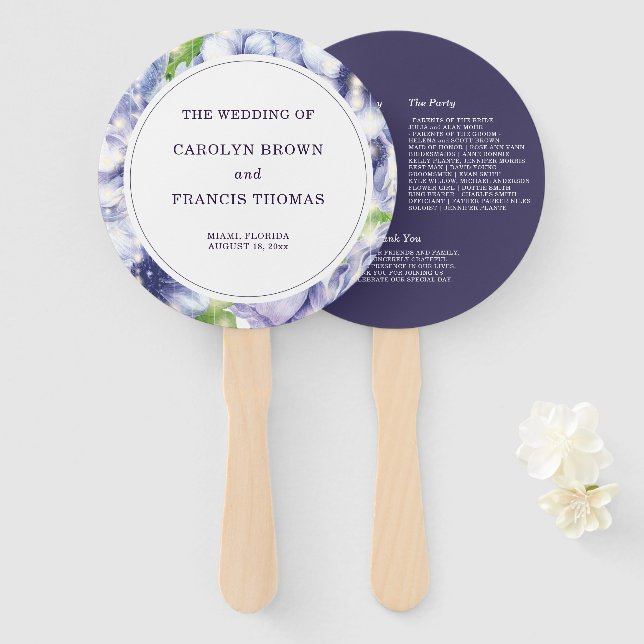 Lila Hochzeitsprogramm für Luxusflorale Anemone Fächer (Vorne und Hinten)