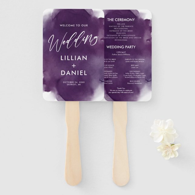 Lila Hochzeitsprogramm für tiefe Wasserfarben Hand Fächer (Vorne und Hinten)