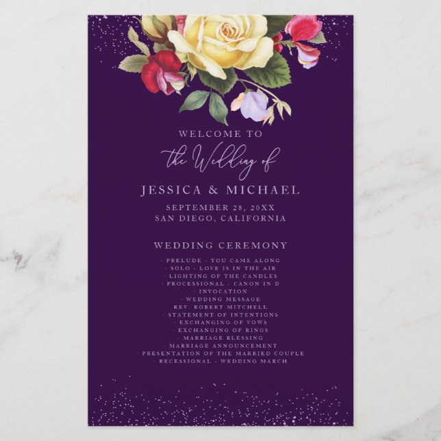 Lila Hochzeitsprogramm für Vintage Gelbe Rose (Vorderseite)