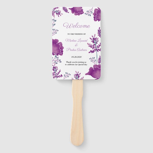 Lila Hochzeitsprogramm mit elegantem Watercolor Fächer (Vorderseite)