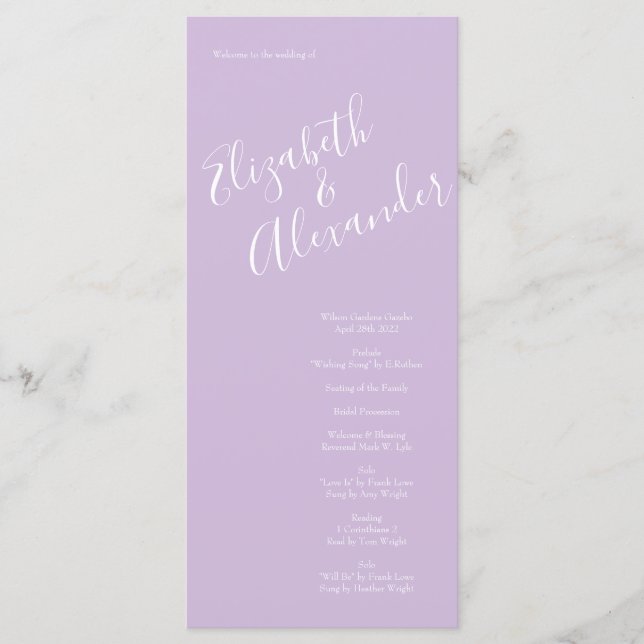 Lila Hochzeitsprogramme für hellgelbe und lilac- R Menükarte (Vorderseite)
