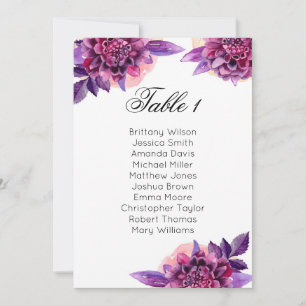 Lila Hochzeitssitzkarte. Blumenplan Einladung
