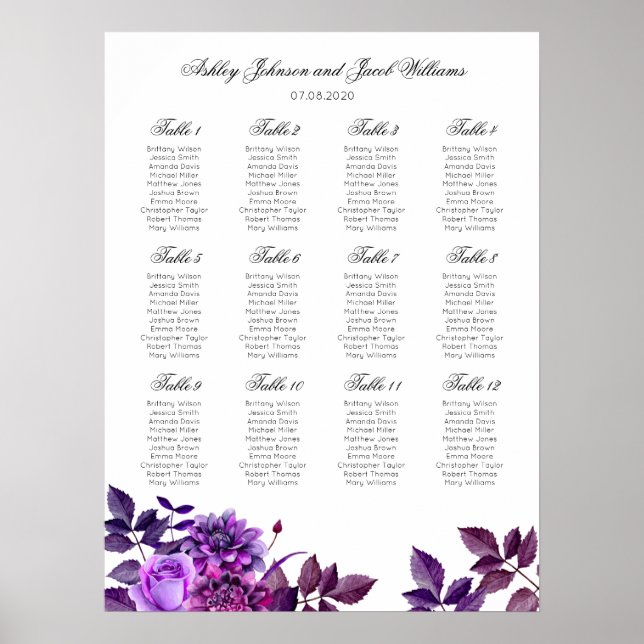 Lila Hochzeitssitzkarte drucken. Violett-Blume Poster (Vorne)