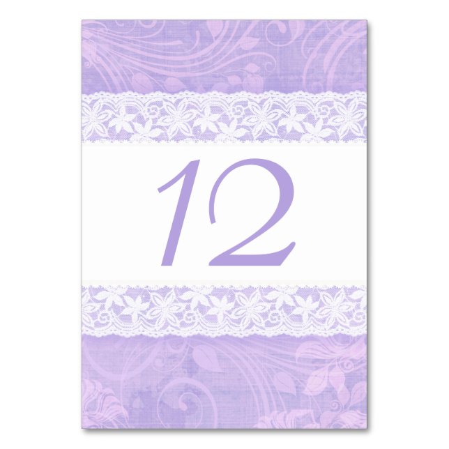 Lila Hochzeitsszenarien mit weißer Spitze - Tischn Tischnummer (Vorderseite)