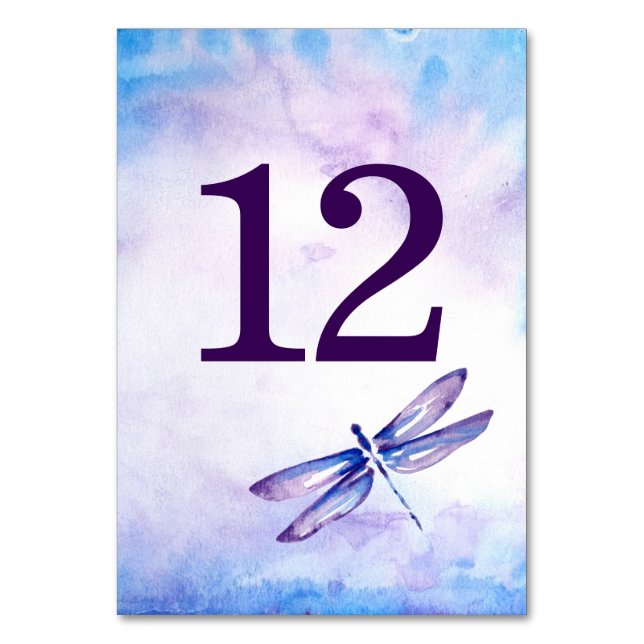 Lila Hochzeitsszene der Libellen | Aquarell Tischnummer (Vorderseite)