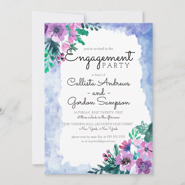 Lila Hochzeitsszene mit blauer Flora Verlobung Einladung (Vorderseite)