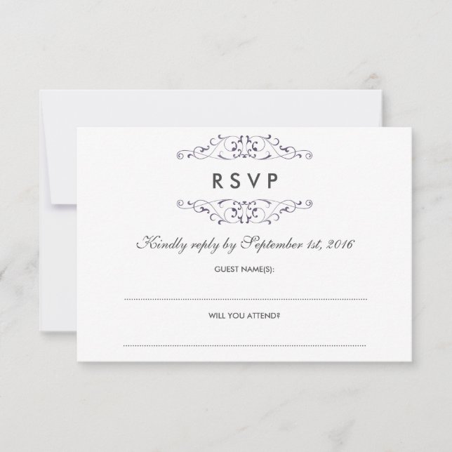 Lila Hochzeitsszenierung RSVP Karte (Vorderseite)