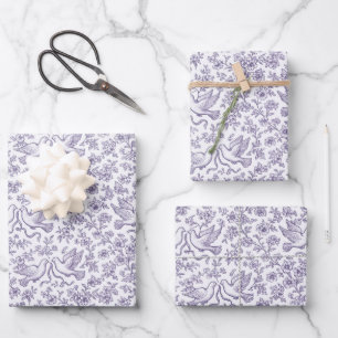 Lila Hochzeitstauben mit Bändern und Blumen Geschenkpapier Set