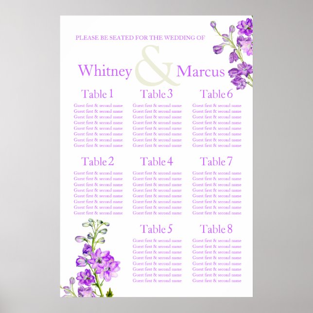 Lila Hochzeitstisch-Planer für Delphinium Poster (Vorne)