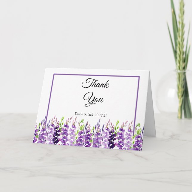 Lila Hochzeitswatercolor Lavendel Dankeschön Karte (Vorderseite)
