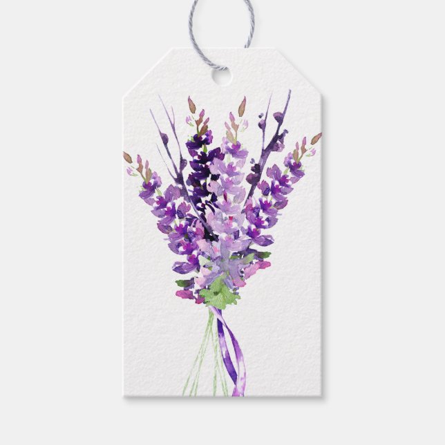 Lila Hochzeitswatercolor-Lavendel Geschenkanhänger (Vorderseite)