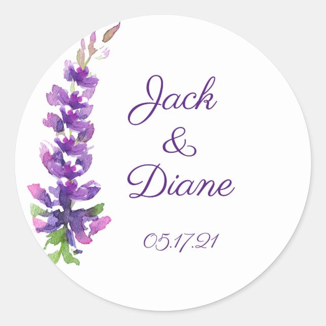 Lila Hochzeitungs-Wasserfarben-Lavendel Runder Aufkleber (Vorderseite)