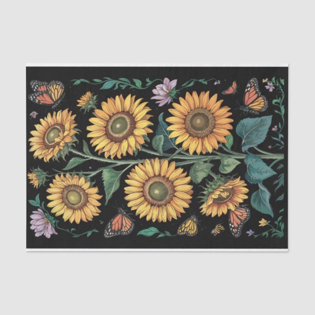 Lila, hohe Sonnenblumen und Monarchschmetterlinge Seidenpapier (Vorderseite)