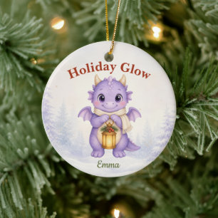 Lila Holiday Glow personalisierter Weihnachtsdrach Keramik Ornament