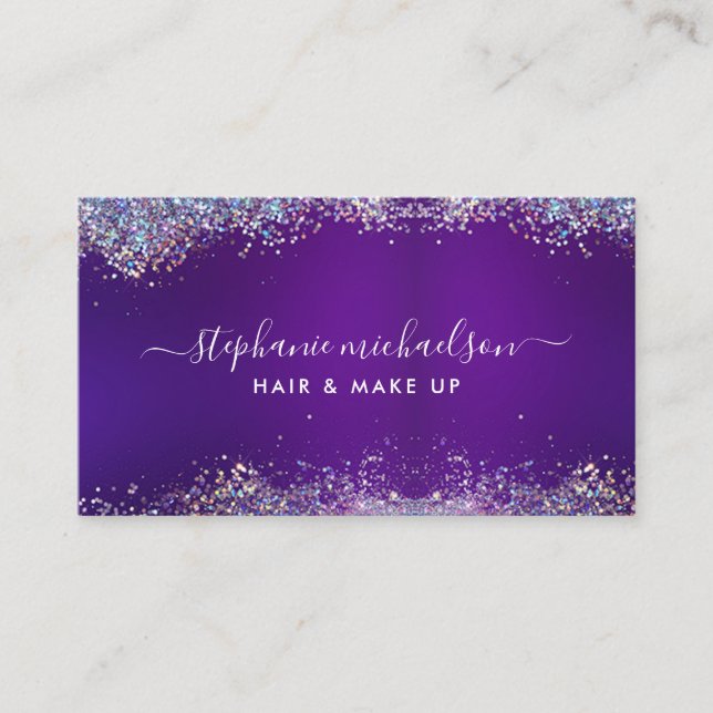 Lila Holografischer Glitzer Haar Makeup Salon Visitenkarte (Vorderseite)