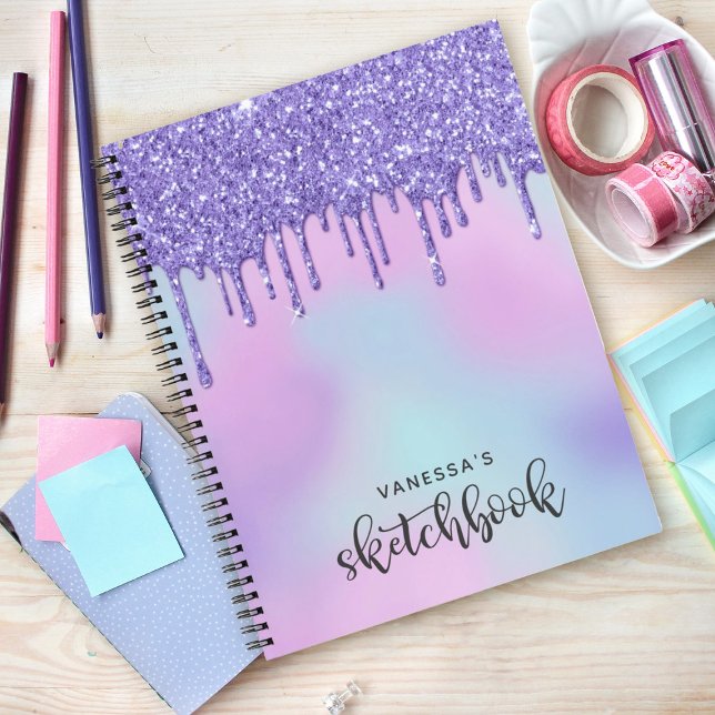 Lila Holographic Glitzer Tropfens Artist Sketchboo Notizbuch (A cute purple dripping glitter holographic sketchbook. Personalize it with your name.)