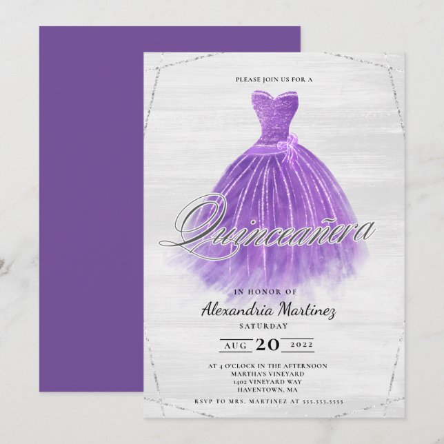 Lila Holzkleid Glitzer Quinceañera Einladung (Vorne/Hinten)