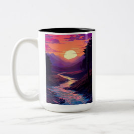 Lila Horizonte über das Flusstal. Zweifarbige Tasse