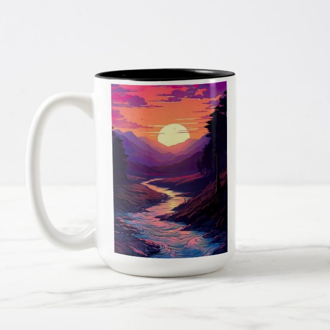 Lila Horizonte über das Flusstal. Zweifarbige Tasse (Links)