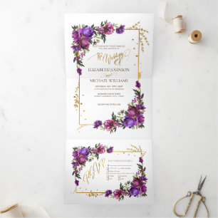 Lila Hot-Pink-Gold-Aquarellschrift Dreifach Gefaltete Einladung