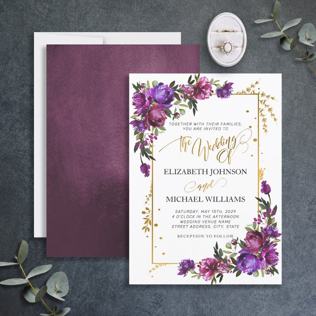 Lila Hot-Pink-Gold-Aquarellschrift Einladung (Von Creator hochgeladen)